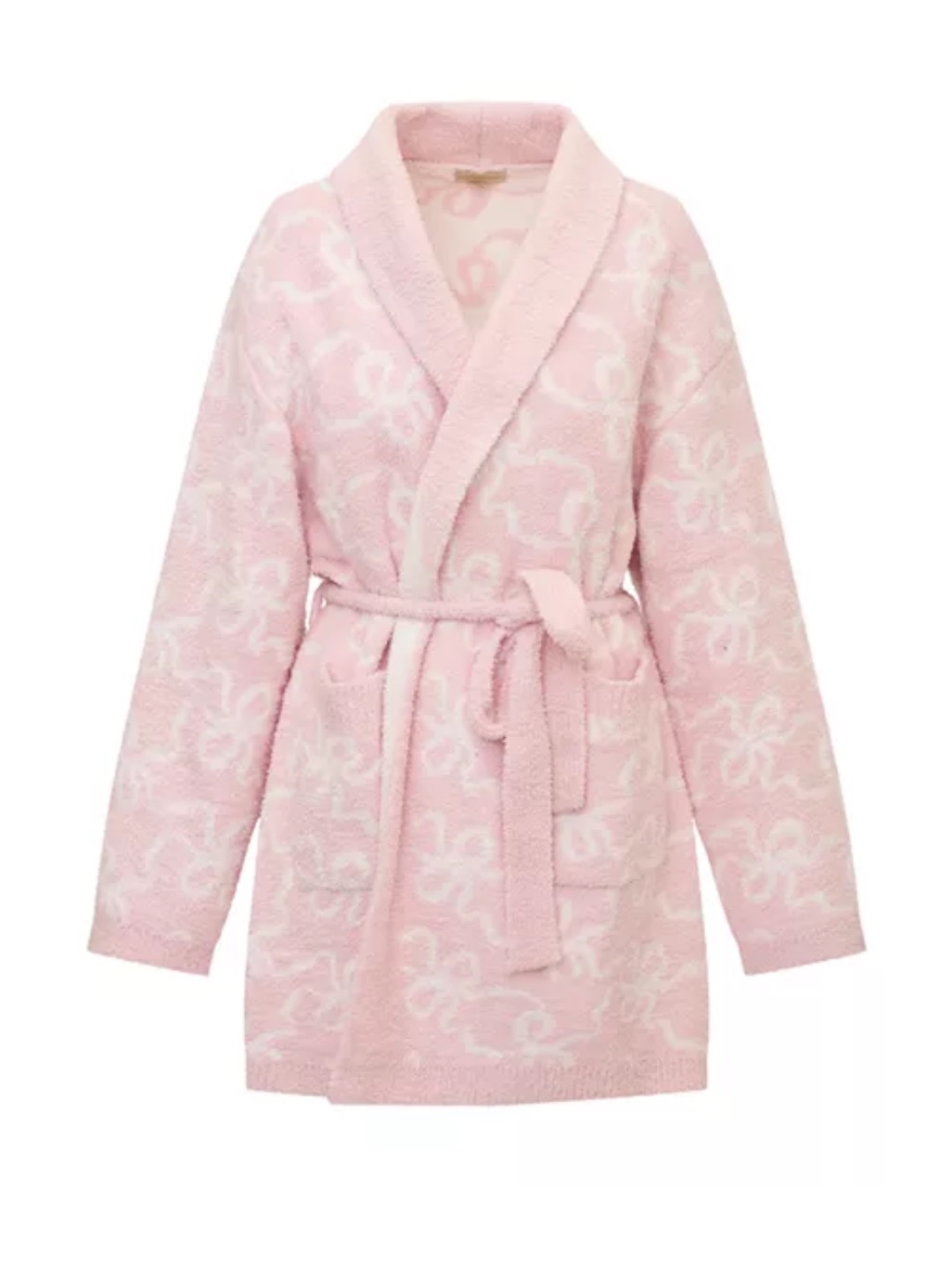 Loveshackfancy Plush Shawl-Collar Robe Cardigan In Light Pink And White